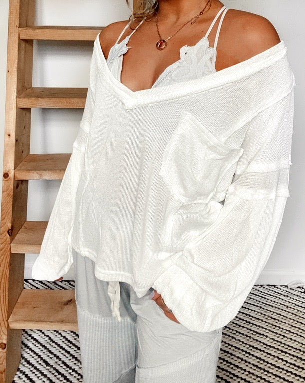 Wide V Neck Raw Seam Sweater